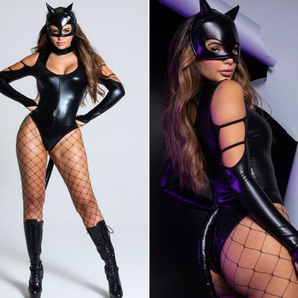 Yandy Other - NWOT Yandy Black Cat Fight Lingerie Costume Wet Look Bodysuit, Tail, Mask Medium